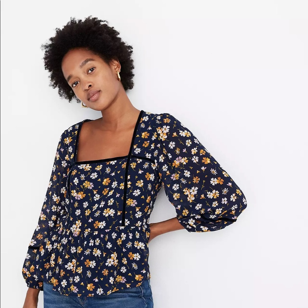 MADEWELL Velvet-Trimmed Square-Neck Top in Petal Party XXS